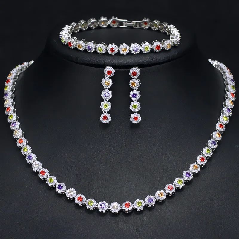 

3 Pcs CZ Green Crystal Bracelet Necklace and Earrings Sets Luxury Women Wedding Accessories Bride Jewelry Set