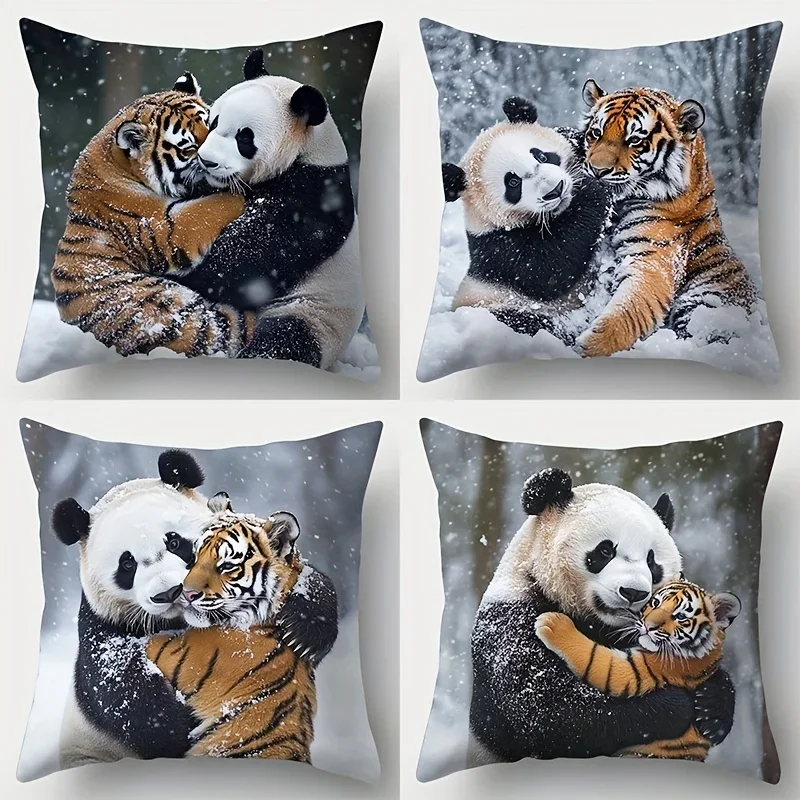4pcUnique Animal Style Pillow Covers,Panda & Tiger Cuddling in Snow Print Cushion Cases,Warm Wildlife Home Decor for Living Room