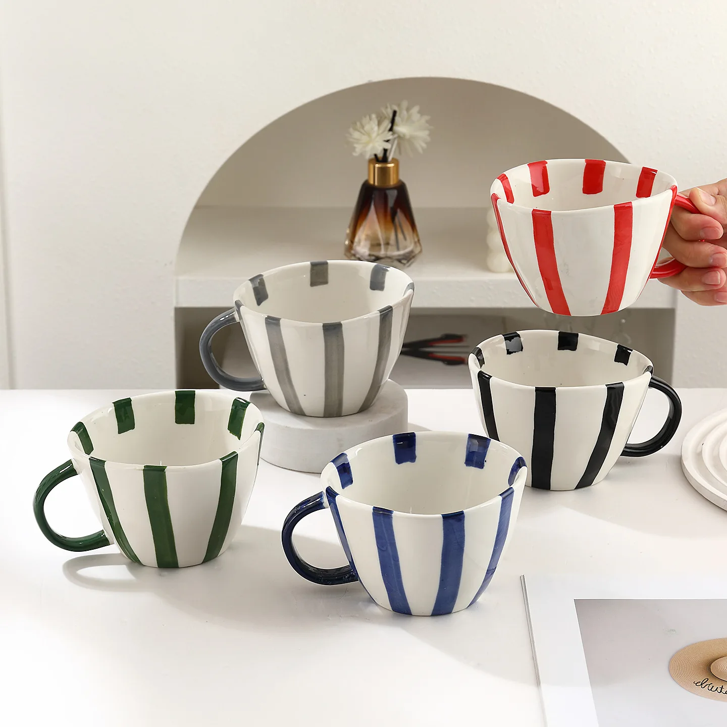 Nordic Colorful Striped Ceramic Coffee Cup 400ml Large-capacity Mug Home Afternoon Tea Couple's Tea Cup Office Latte Coffee Cup