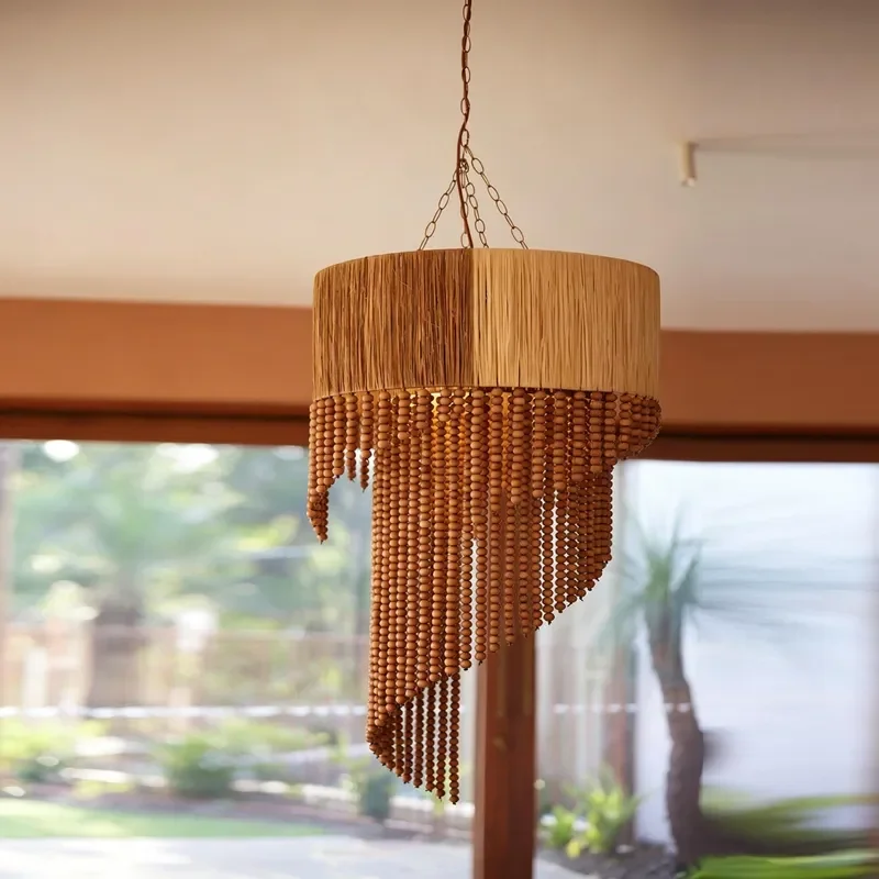 Handwoven Wooden Bead Curtain Zen Fringed Divider for Hotel Dining Room Retro Art Decor