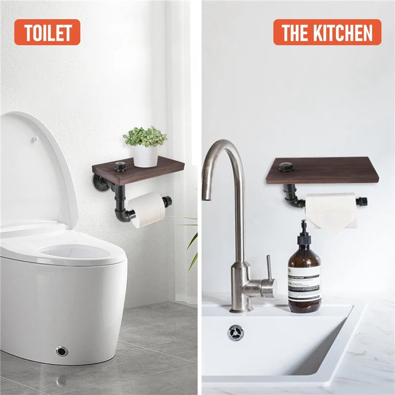 AT44-Rustic Industrial Toilet Paper Roll Holder,Pipe Floating Holder For Home/Bathroom,Wall Mounted Shelf