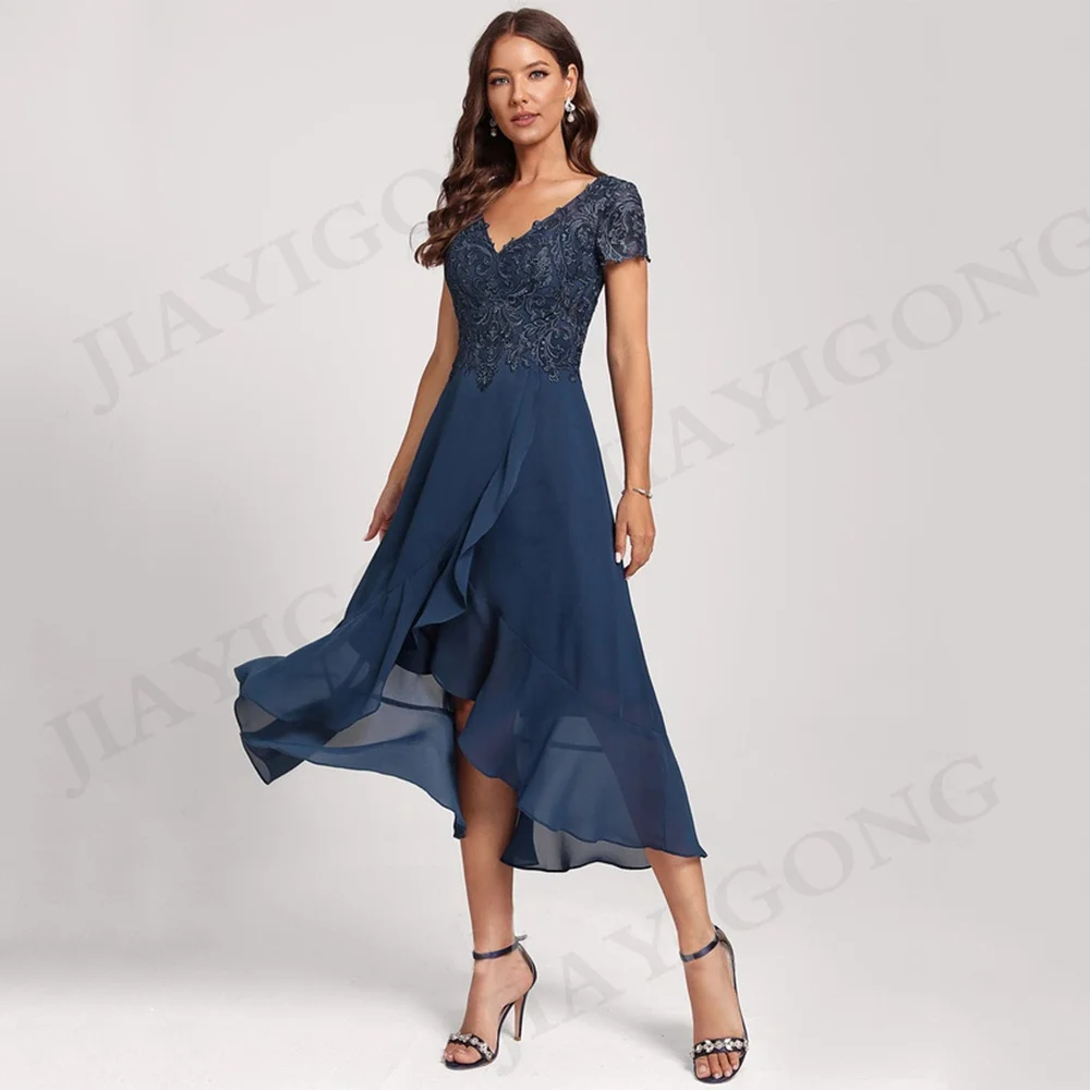 

Short Sleeves V Neck Mother of The Bride Dress Lace Applique Tea Length Chiffon HI-lo A Line Wedding Guest Gown Party Dresses