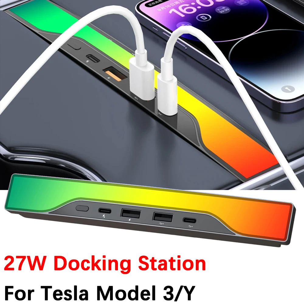 RGB Light Docking Station For Tesla 27W Quick Charger USB Shunt Hub For Model 3 2022 2023 Model Y Central Control Splitter