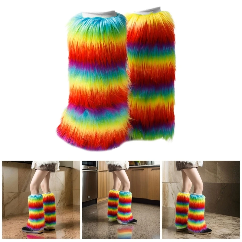 Japanese Colorful Rainbow Faux Fur Leg Warmers Boot Covers Y2K Goth Leg Socks Punk Jk Knee-length Hiphop girl Fashion Warm Sock