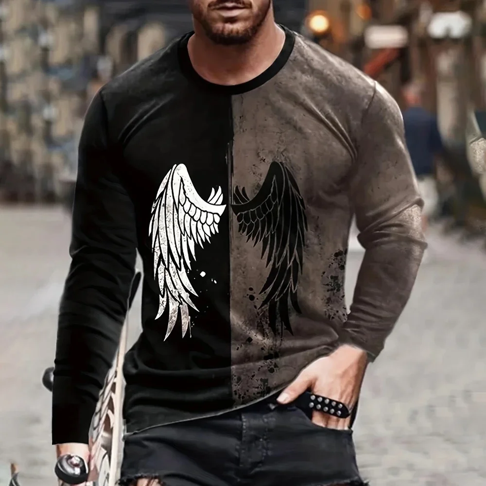 2026 Autumn/Winter Men's Jesus Christ Pattern T-shirt, Cross Wings, 3D Printed T-shirt, Casual Long Sleeve, Loose Round Neck Top view 3