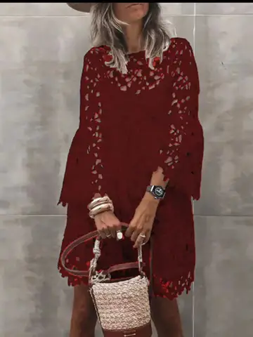 Vår Sommar Sexig Spets Mode Vit Broderad Klänning Elegant Enfärgad Strand O-ringad Boho Casual Streetwear Kvinna Fest Vestido 10 best sales vita spetsklänningar - №10