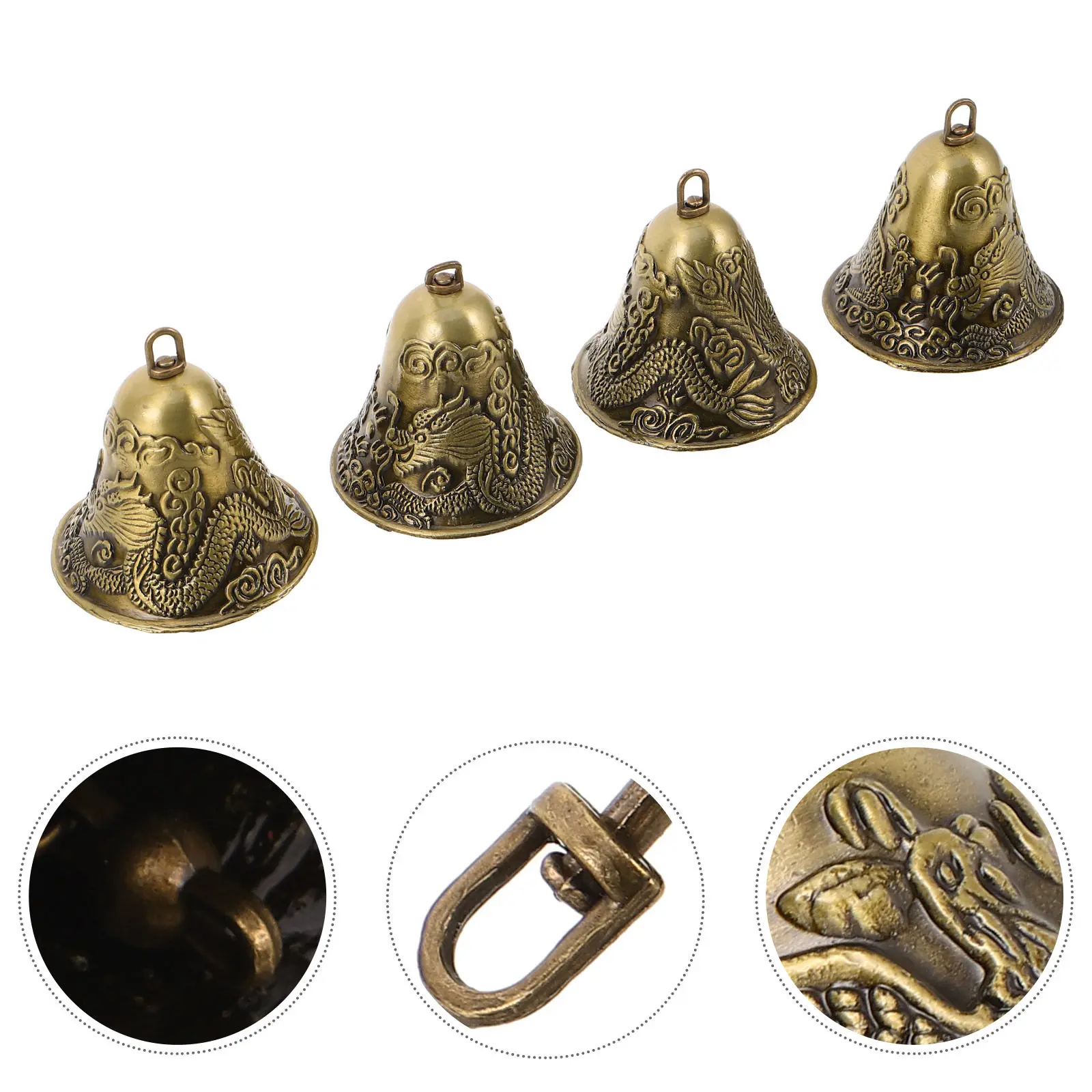 4Pcs Vintage Alloy Hanging Bells Dragon Phoenix Pattern Rustic Christmas Bell Ornament Hanging Xmas Tree Bells Holiday Decor