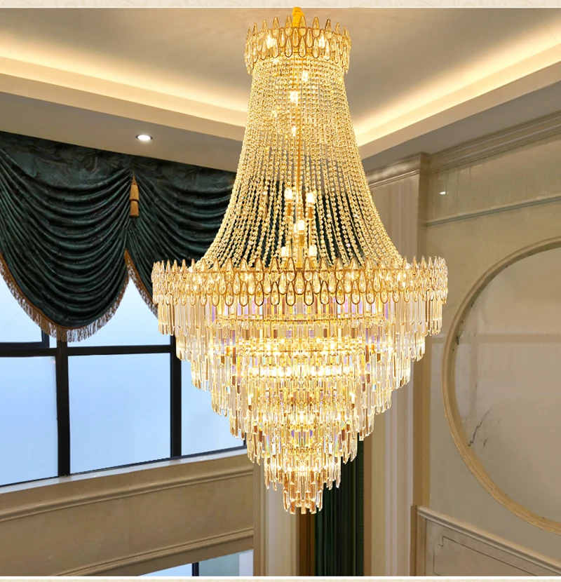 Large Gold Crystal Chandelier Lighting For Stair Modern Hanging Lamp For Foyer Lobby Hall Luxury Hanging Light For High Ceilings