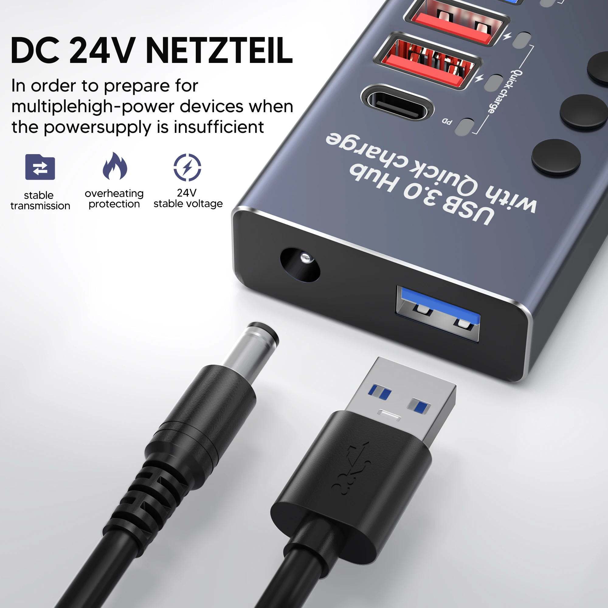 AIXXCO 10 Ports USB3.0 Splitter Computer Extender USB HUB 2.4A Fast Charging PD Port External 12V Power Supply