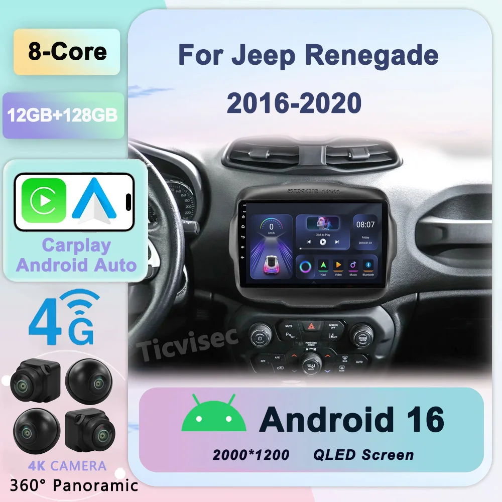 

2 Din Android 16 Car Radio Multimedia Video Player For Jeep Renegade 2016 - 2020 Stereo Navigation GPS 4G Carplay Autoradio WIFI