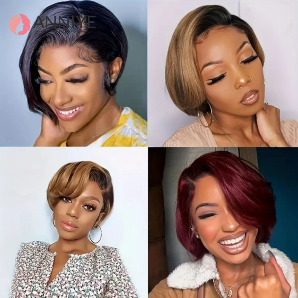 180%高密度レースフロントストレートウィッグピクシーカットウィッグ13x4フルレースウィッグボブウィッグ人毛ウィッグ女性用プレプラッキング済みANNIEEヘア