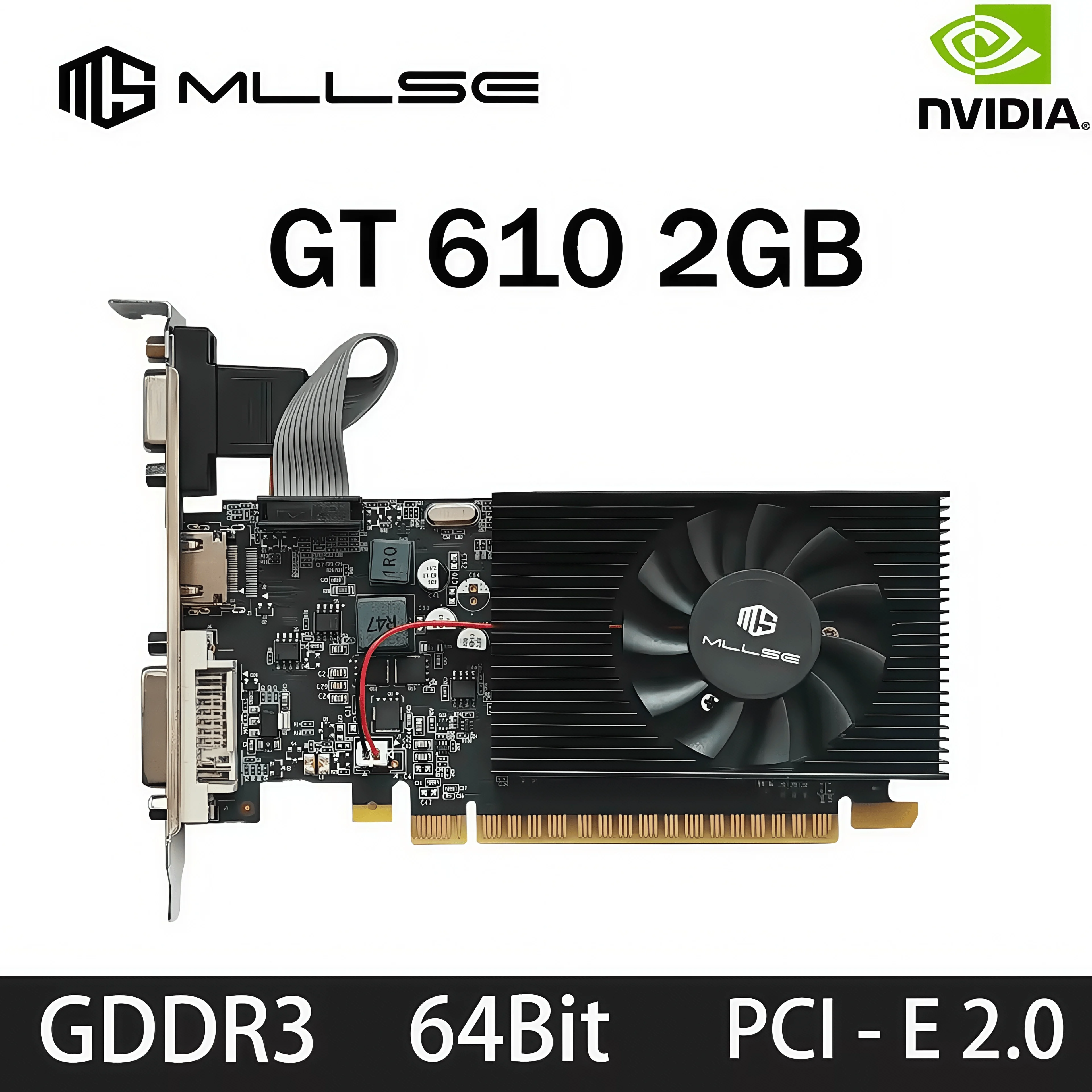بطاقة رسومات MLLSE NVIDIA GeForce GT 610 سعة 2 جيجابايت GDDR3 HDMI DVI VGA 64 بت