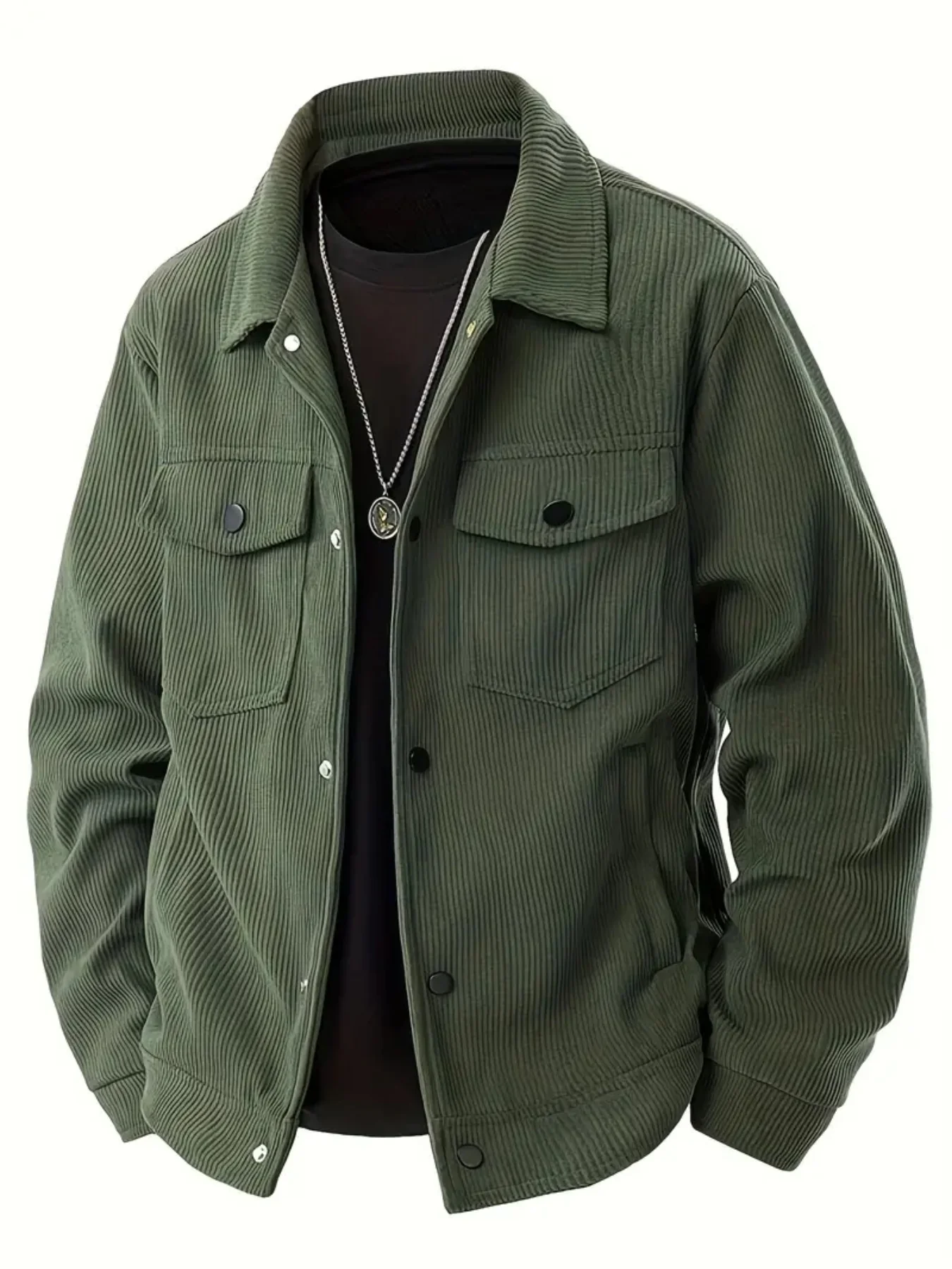 Mens Corduroy Trucker Jacket Turn Down Collar Double Chest Pockets Button Down Casual Outerwear Set
