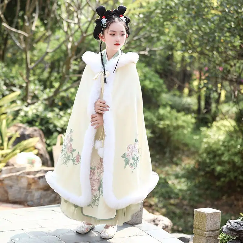 Chinese Floral Embroidery Cape for Winte Hooded Cloak for Children and Adult