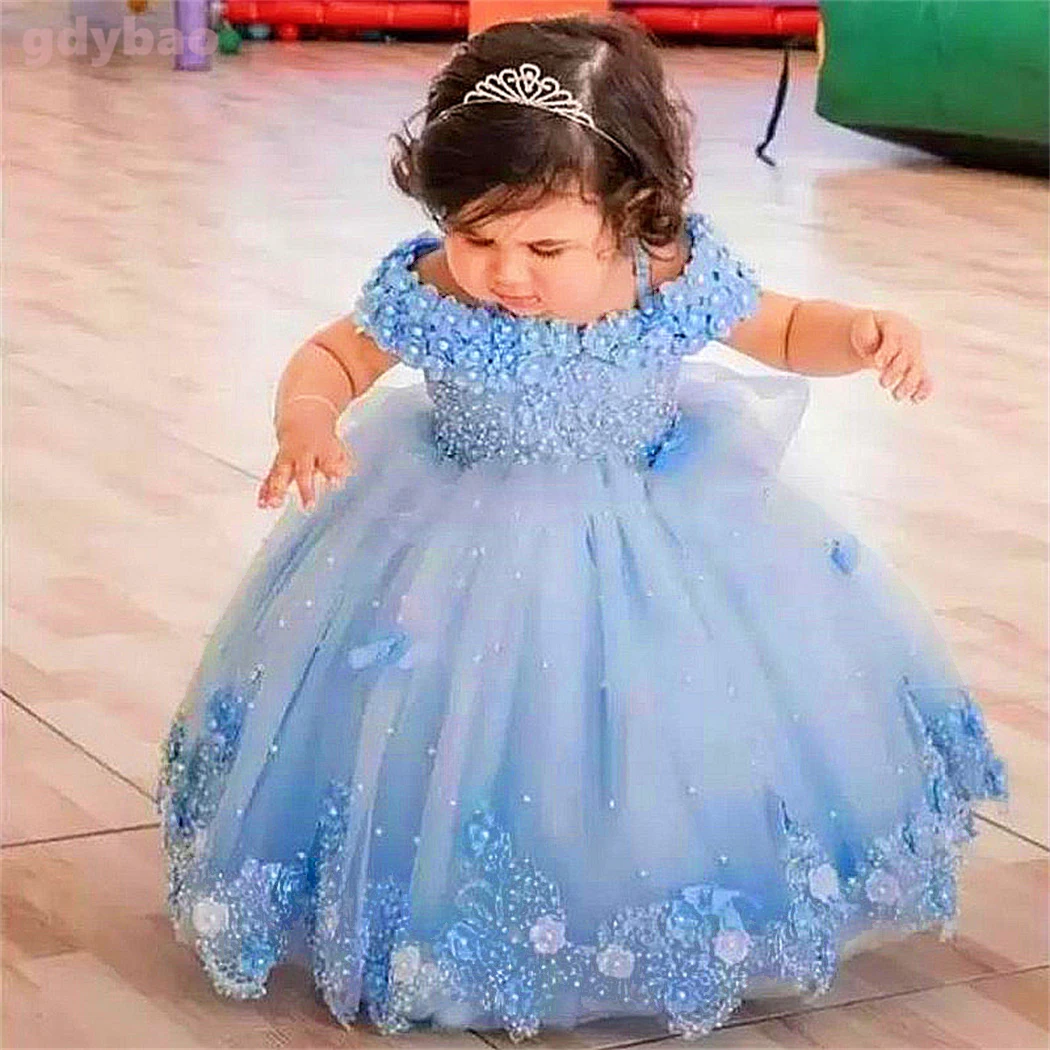 Baby Girls Princess Pageant Dress Toddlers Lace Beaded Flower Girl Dresses for Weddings Kids Off Shoulder Communion Party Gowns