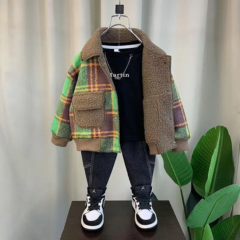Boys' Fleece Jacket Children's Winter New Fur Integrated Jacket Boys' and Girls' Baby Thick Top