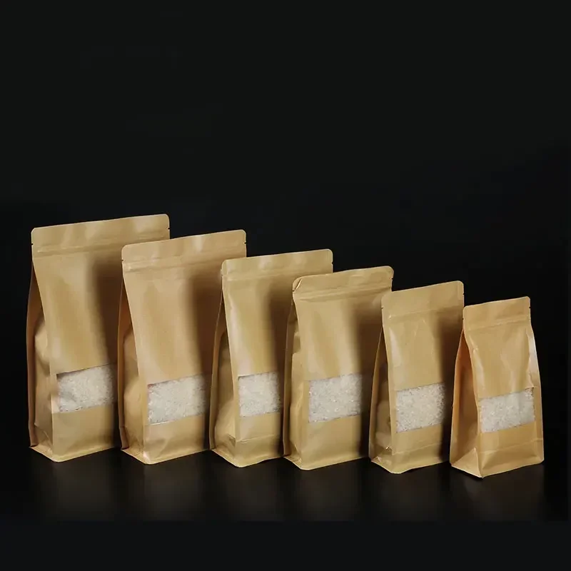 Kraft Paper Bag Frost Self Sealing Bag Food Tea Window Opening Self Standing Pouch Jujube Nut Millet Kraft Display Bags 100pcs