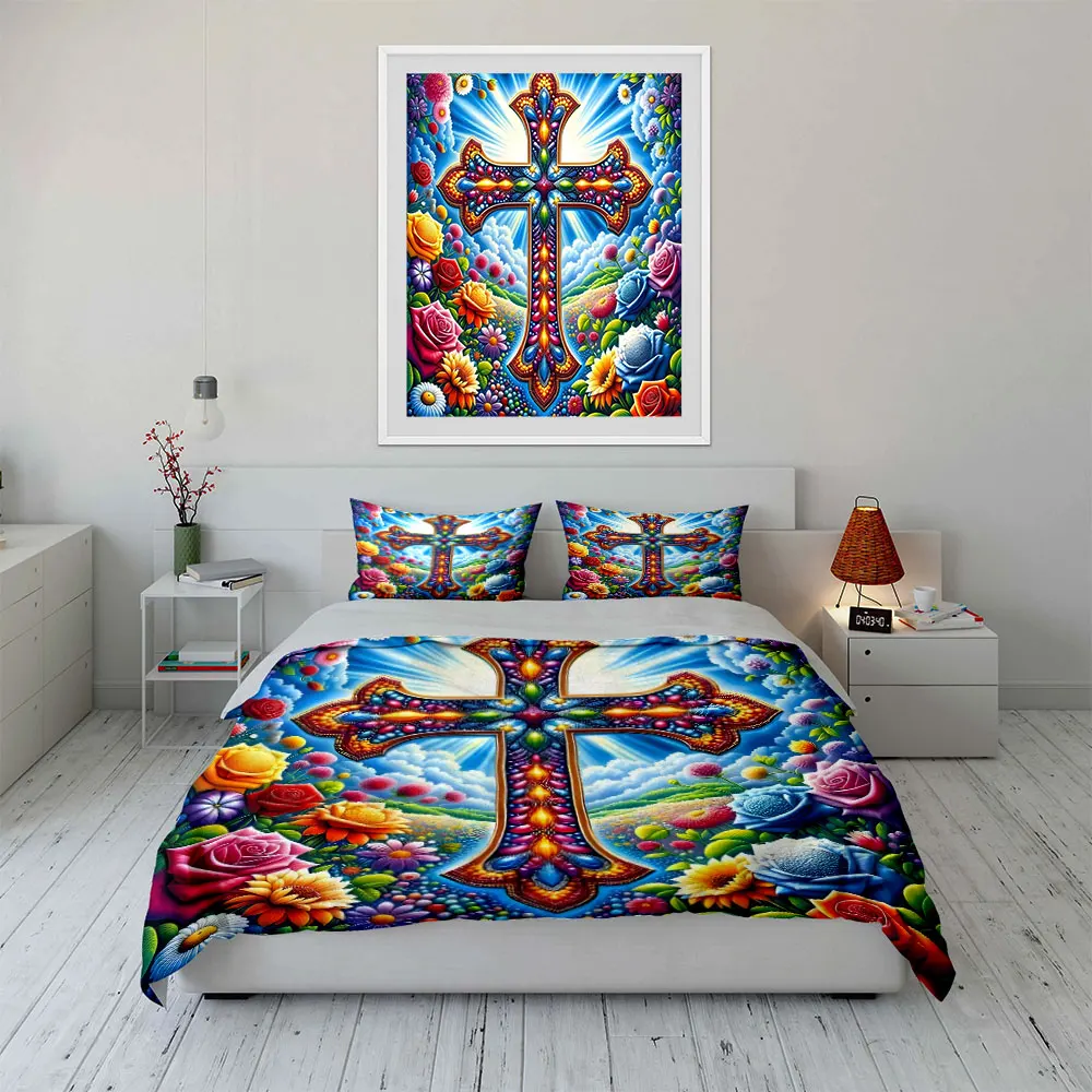 Radiant cross with colorful flowers Print Soft Comfortable Duvet Cover Bedding Set Included 1*Duvet Cover  2*Pillowcases
