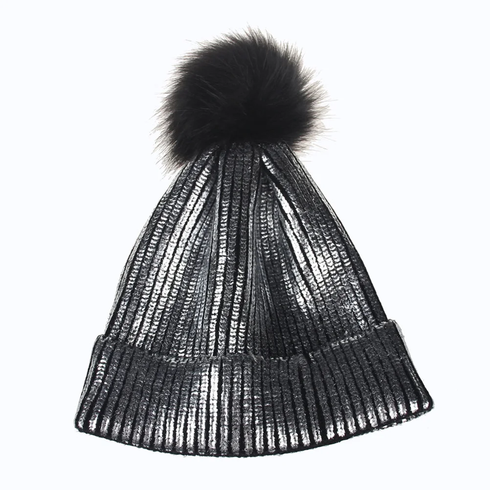 

Fashion Glitter Beanie Hat for Women Silver Gold Pom Pom Knit Cap Soft Skin-Friendly Warm Winter Accessory Chic Headwear Women
