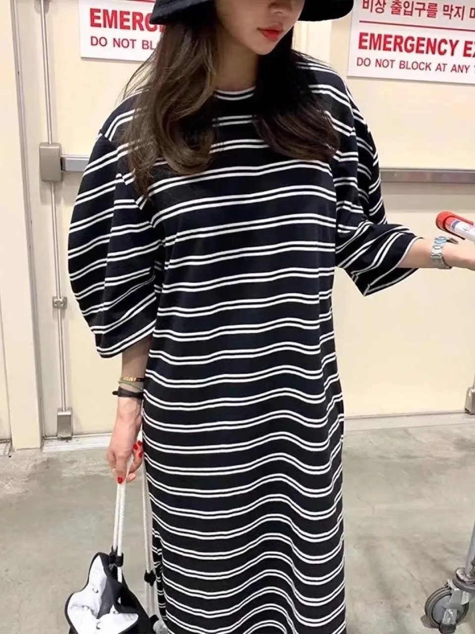 Chic rayé T-shirt Dr femme ample rond Ne Bubble Sve longue coupe droite fente latérale a-ligne été coton Dr