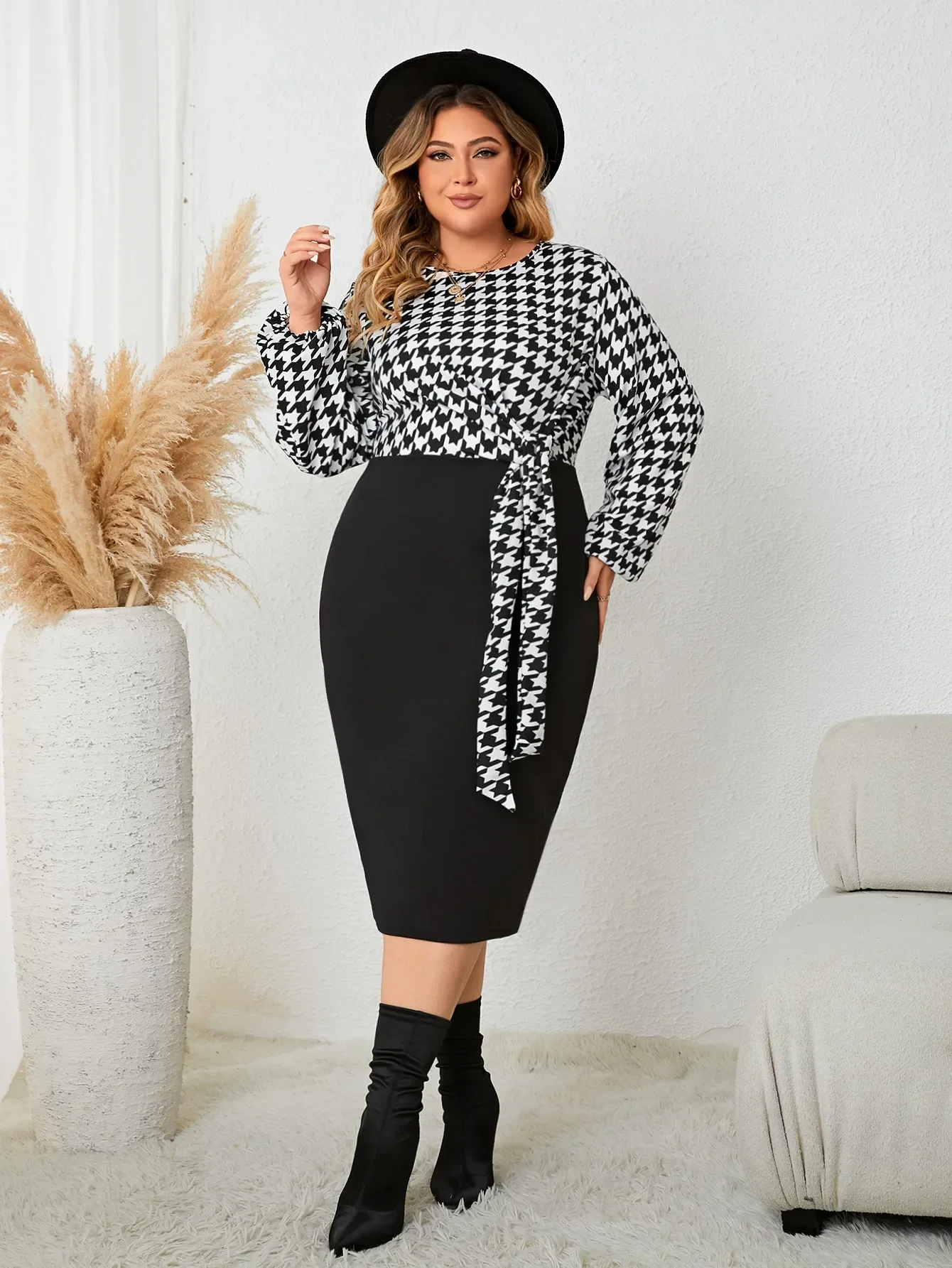 Plus Size Houndstooth Women Dresses Color Block Long Sleeves Lace-Up Robe O Neck Fall Sprimg Bodycon Dress Oversized Cloth