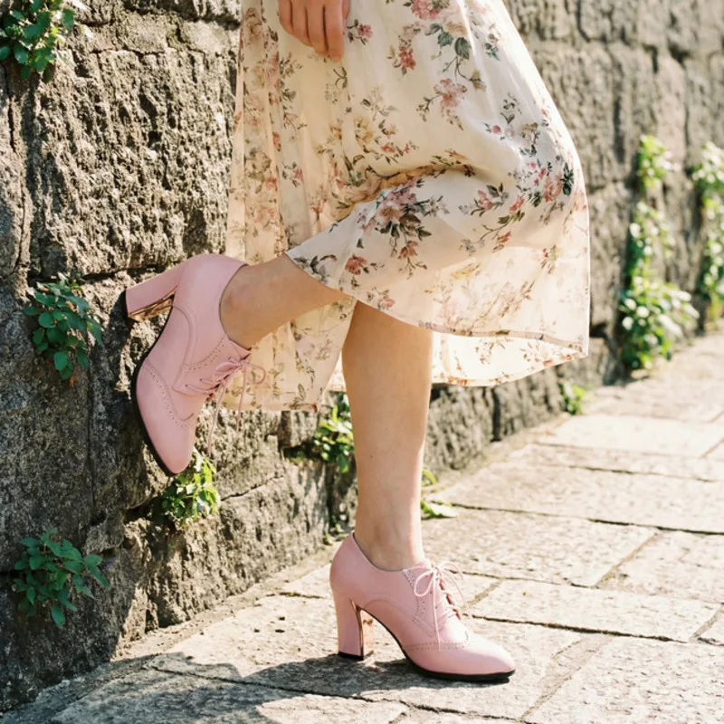 

Розовые туфли на шнуровке на высоком каблуке для женщин, с острым носком, большие размеры 34-46, на низком ходу, 2026