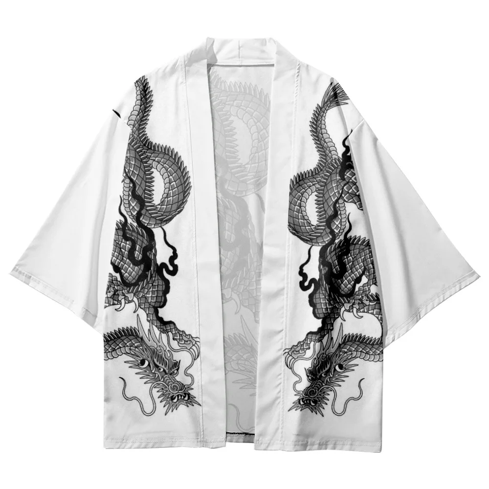 หลวมการ์ตูนมังกรจีนพิมพ์สีขาวKimono Beachกางเกงขาสั้นเสื้อสเวตเตอร์ถักฤดูร้อนสบายๆคู่ผู้หญิงผู้ชายเสื้อคลุมฮาโอริYukata Streetwear