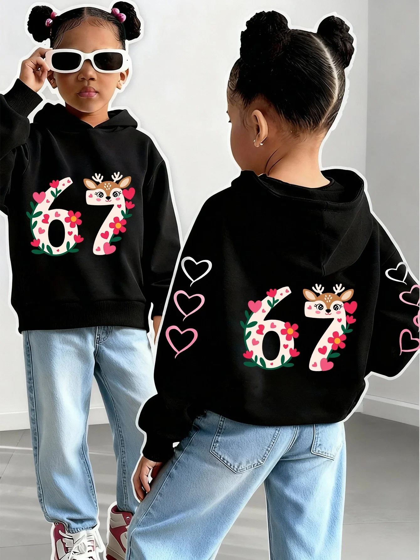 Kids Number 67 Deer Hoodie Cute Animal Graphic Print Heart Flower Sweatshirt Boys Girls Korean Style Streetwear Spring Autumn