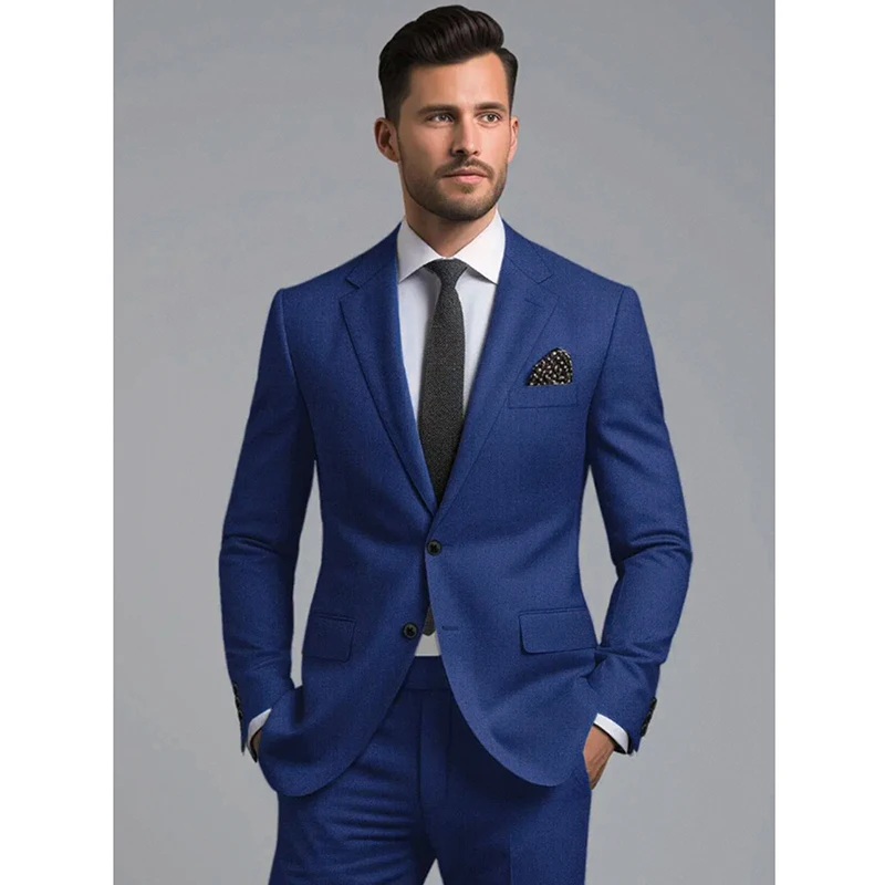 Royal Blue Notch Lapel Men Suits Fashion Business Casual Wedding Tuxedo Two Piece (Blazer+Pants) Formal Office Suit Slim