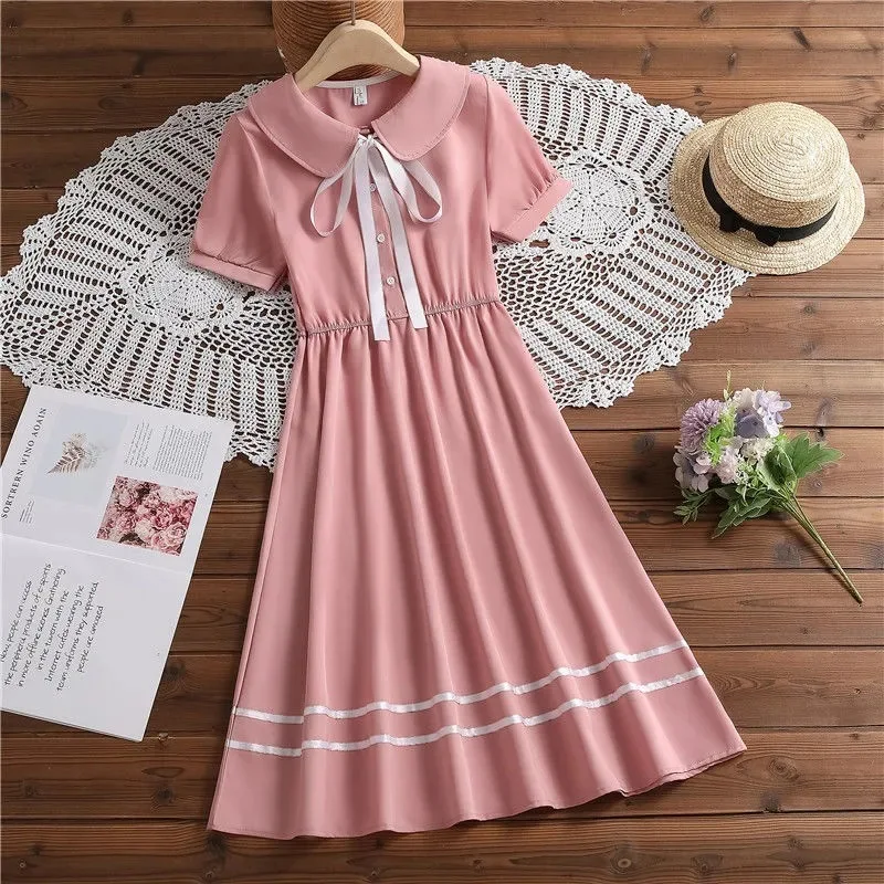 2024 summer peter pan collar Kids Girls A-LINE short sleeve Princess Teenager bow striped Dresses Clothing 4 7 8 9 10 12 14 Year