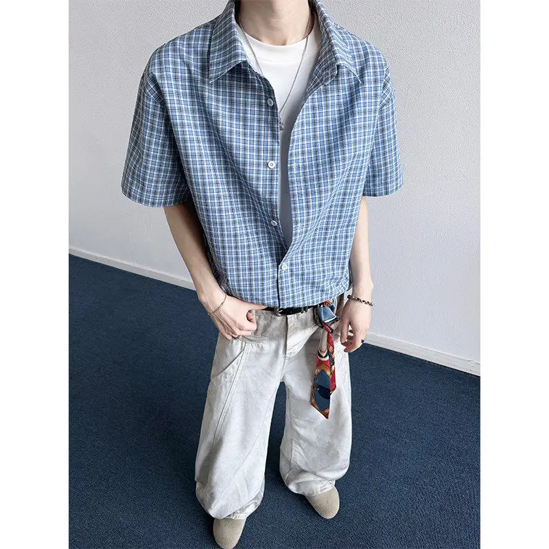 

American Retro Blue Plaid ort Sve Men's Summer Casual Trendy irt High-End Cool Brand Haome Coat Youth ular Stand...