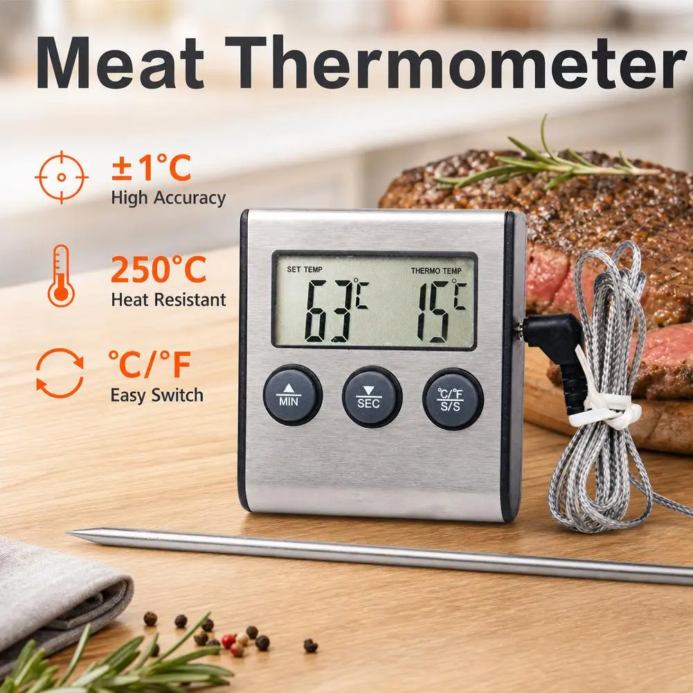 Digital Meat Thermometer Stainless Steel Probe BBQ Grill Oven Cooking Cooking Food Remote Kitchen Alarm Timer