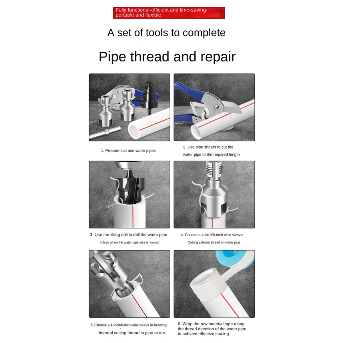 A002 1/2 Inch 3/4 Inch PPR Pipe Complete Threading Kit with Internal External Taps Dies Reamer Pipe for DN15 DN20 Plumbing