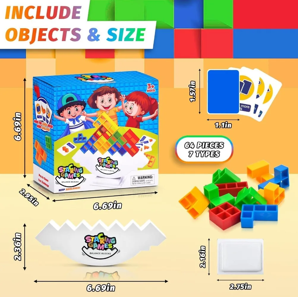 64 PCS Tetra Tower Balance Game, Tetris Game Stack Attack Tower