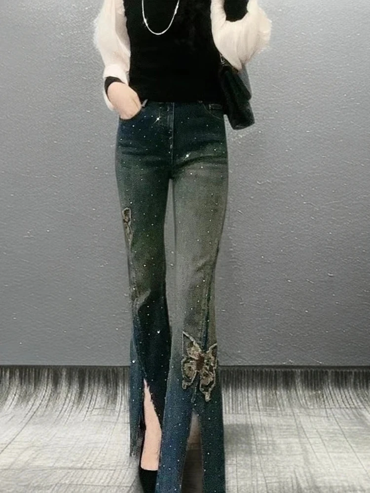 

Heavy Industry Butterfly Embroidered Rhinestone Jeans 2025 Spring and Summer New High Waist Slit Stretch Bootcut Pants Women
