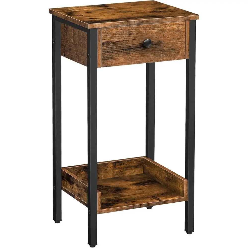 

Rustic Brown and Black Tall End Table with Storage Shelves, Ideal for Study, Bedroom, and Industrial Spaces
