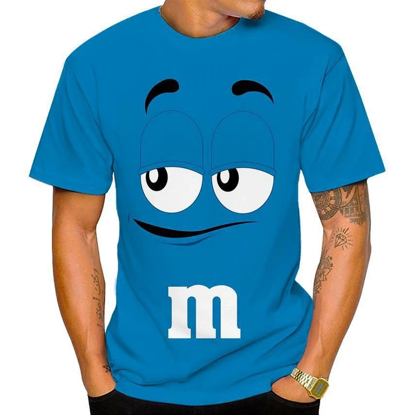 Men\'s New 2024 Fun M&M Chocolate Bean Cartoon 3D Exquisite Print Summer T-shirt Fashion Casual Short Sleeve Versatile Top