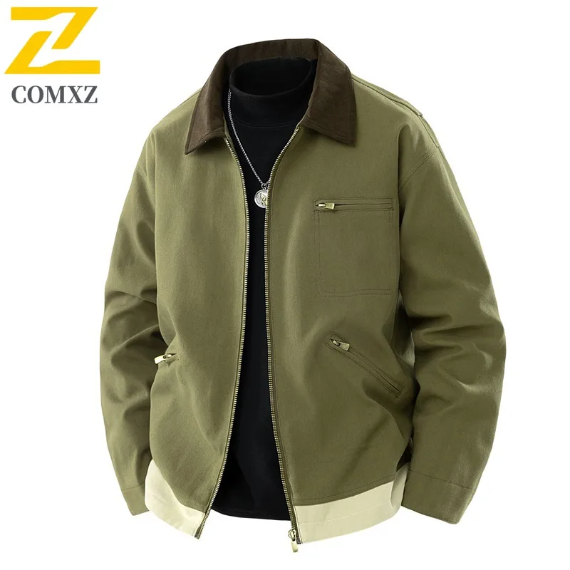 

COMXZ Men Rider Jacket New Turndown Collar Outdoor Camping Fishing Windbreaker Solid Color Jackets Classic Streetwear Chaqueta