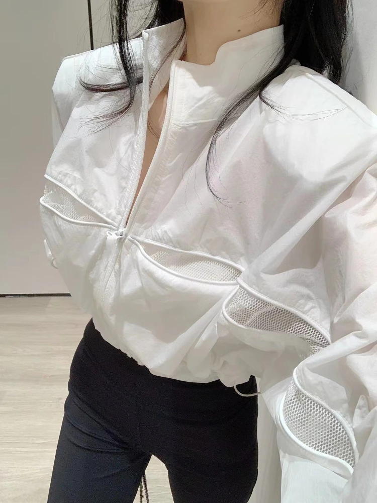 

European style hot girl street stand-up collar lightweight and breathable mesh splicing sunscreen jacket loose short coat
