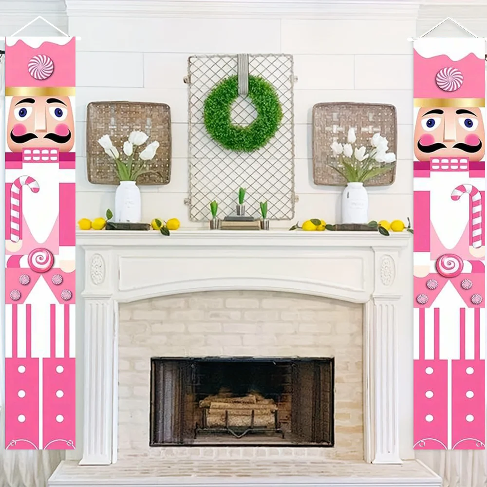 1 Pair/2pcs 12×71inch, Pink Nutcracker Welcome Door Curtain Hanging Banner Porch Hanging, Home Decor, Outdoor Decor, Yard Decor