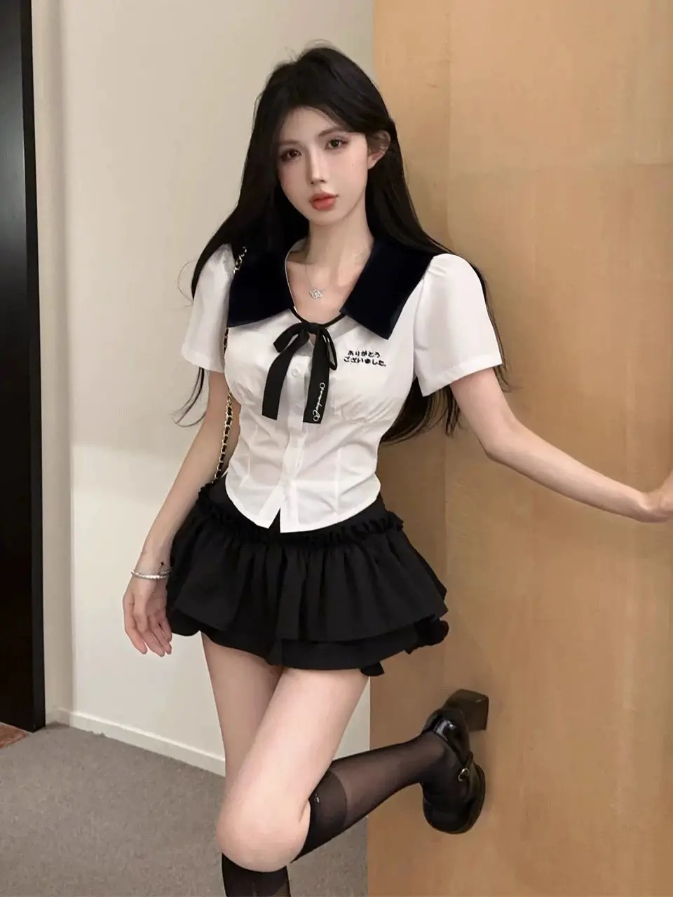 Summer College Style Bow Tie Waist Cinched Shirt Paired with Versatile High Waisted Fluffy Short Skirt Two-piece Set Trendy