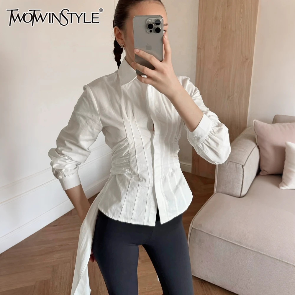 TWOTWINSTYLE Solid Slimming Spliced Lace Up Shirts for Women Lapel Long Sleeve French Commute Shirt Female Summer Fashion New