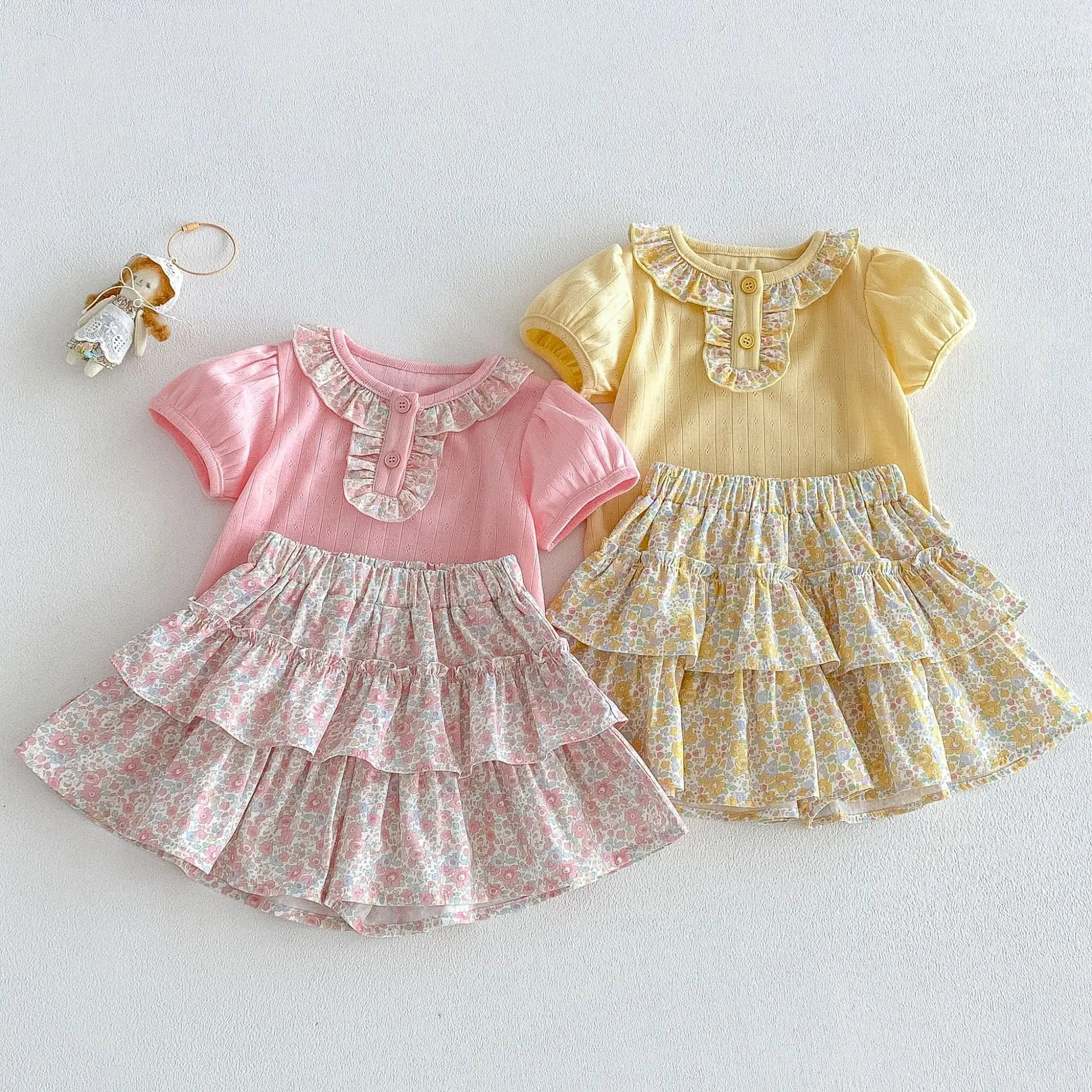 Baby Lace Collar T-shirt 2026 New Summer Girls Korean Version Bubble Sleeve Top Cute Floral Skirt