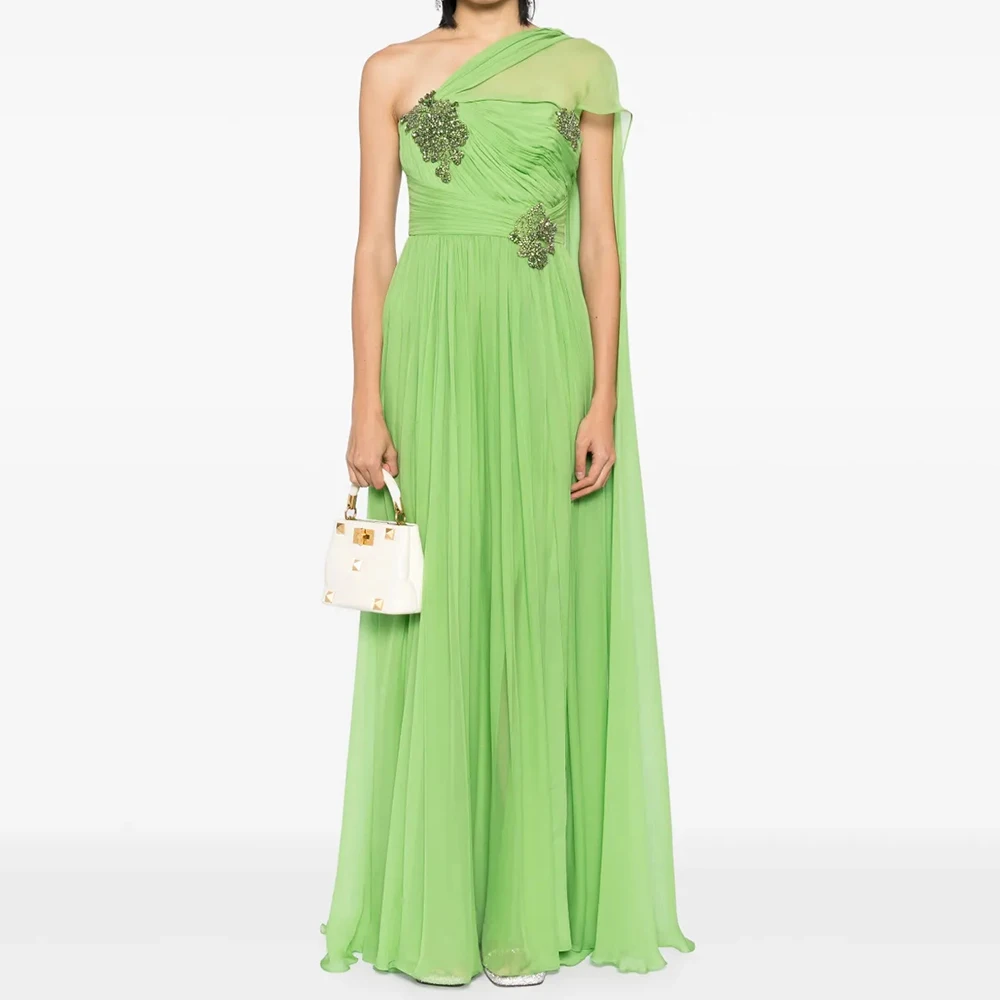 

A-line Women's Evening Dresses Floor-length One-shoulder Sleeveless Prom Gown Fashion Pleat Sequined Stole Customized Gowns