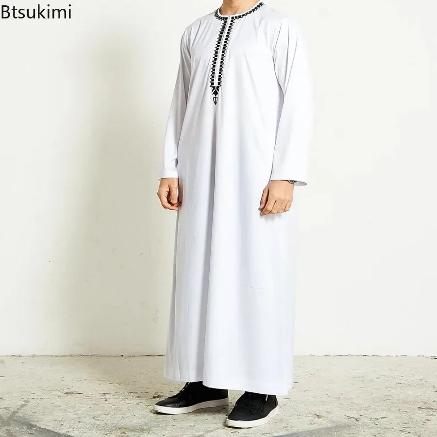 2025 moda muçulmana abayas para homens cor sólida bordado longo robe masculino jubba thobe árabe saudita musulman camisas roupas islâmicas