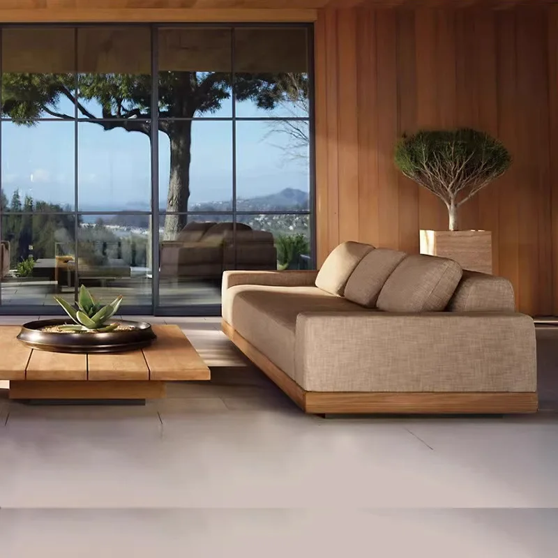 Custom Outdoor Teak Fabric Sofa-Modern Simplicity Design For Patio Garden & Swimming Pool Use