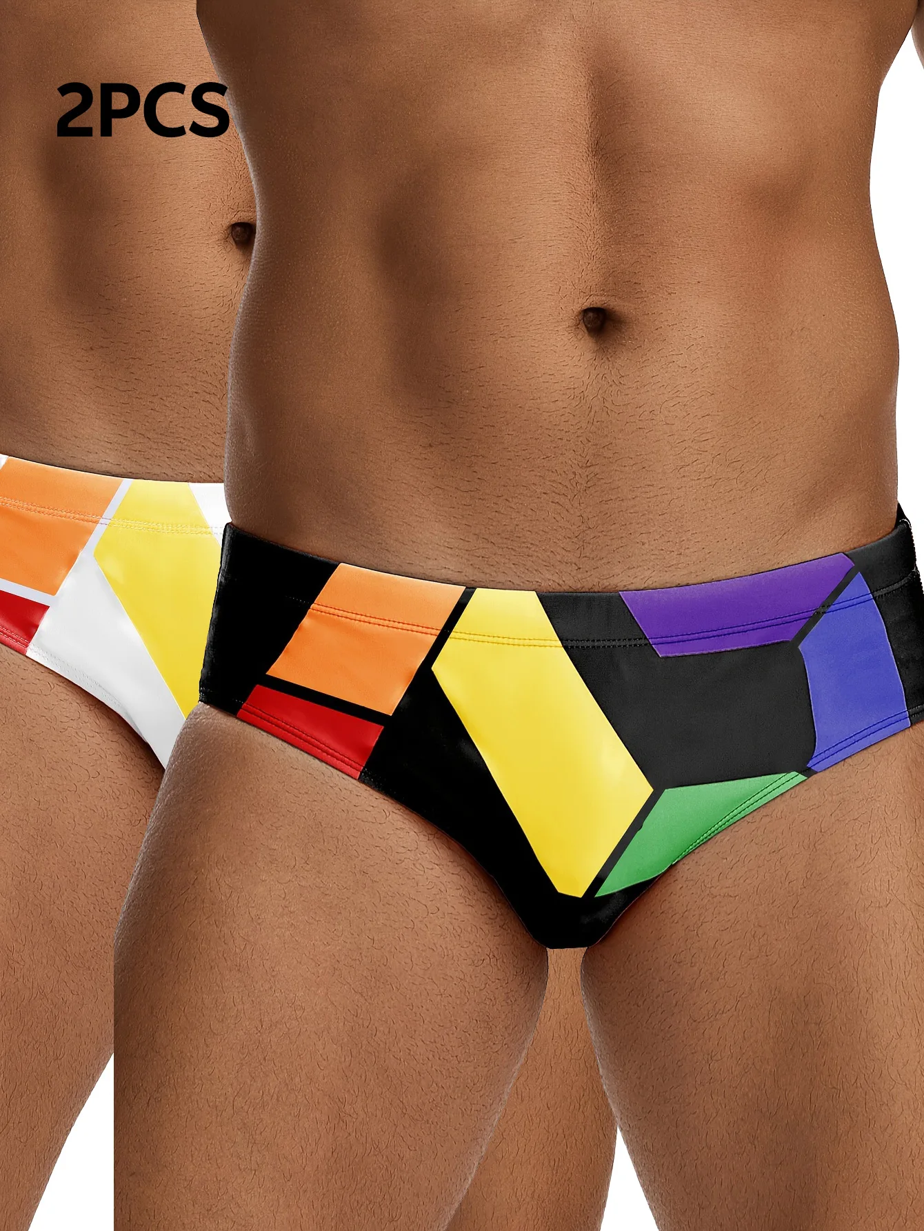 2 pieces, men's rainbow geometric pattern drawstring triangle swim briefs, men's swimwear, summer beach swimming trunks