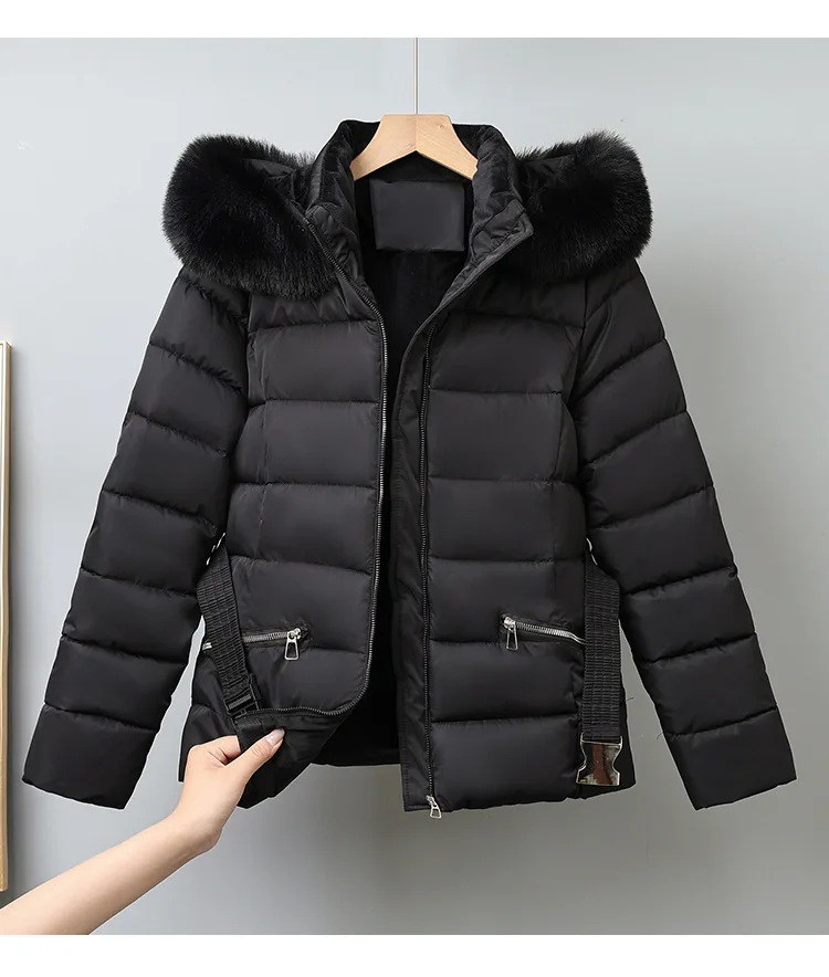 Winter Solid Color Long-sleeved Fur Collar Hooded Short Down Cotton Jacket Women's Slim Winter Thickened Versatile Warm Jacket