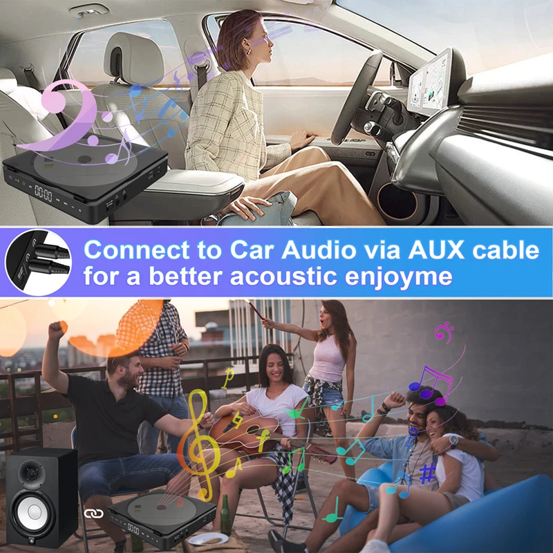 مشغل أقراص مضغوطة رياضي محمول مدمج، زر لمس، مشغل قرص قابل لإعادة الشحن، سماعات أقراص مضغوطة مزدوجة، سماعات أقراص مضغوطة وكمان