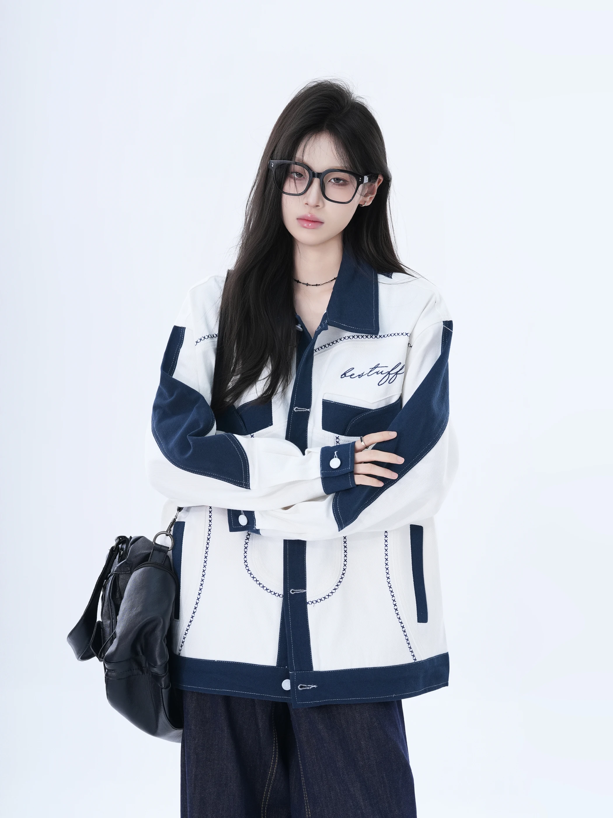 

Ретро-куртка в американском стиле с вышивкой, женская, свободного кроя, с цветными блоками, модная верхняя одежда из хлопка с воротником